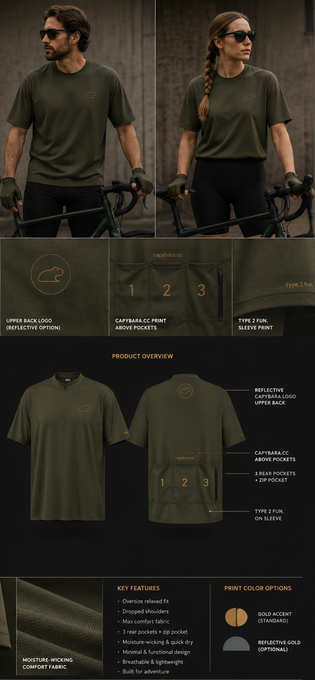 Capybara Core oversized cycling jersey concept with riders and product details